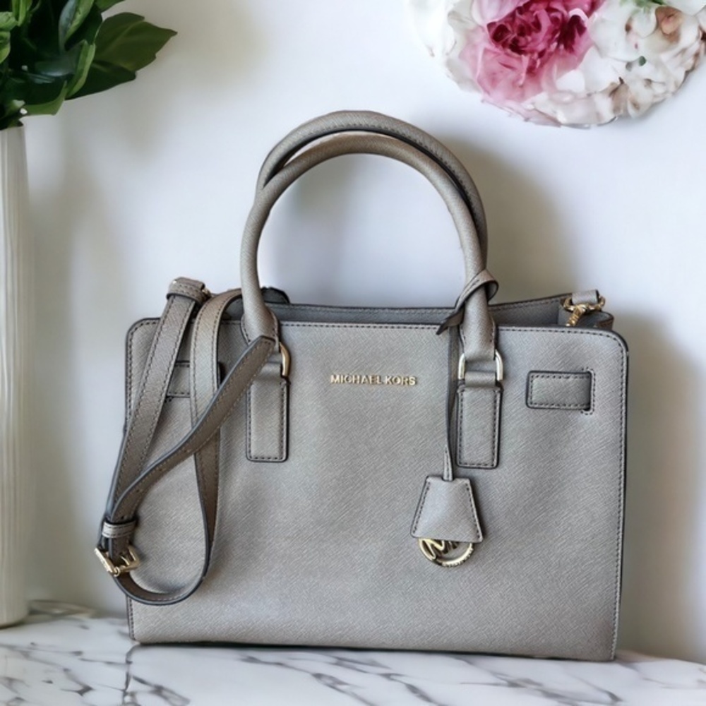 Michael Kors Dillon Satchel Tote Crossbody Bag Saffiano Leather Gray